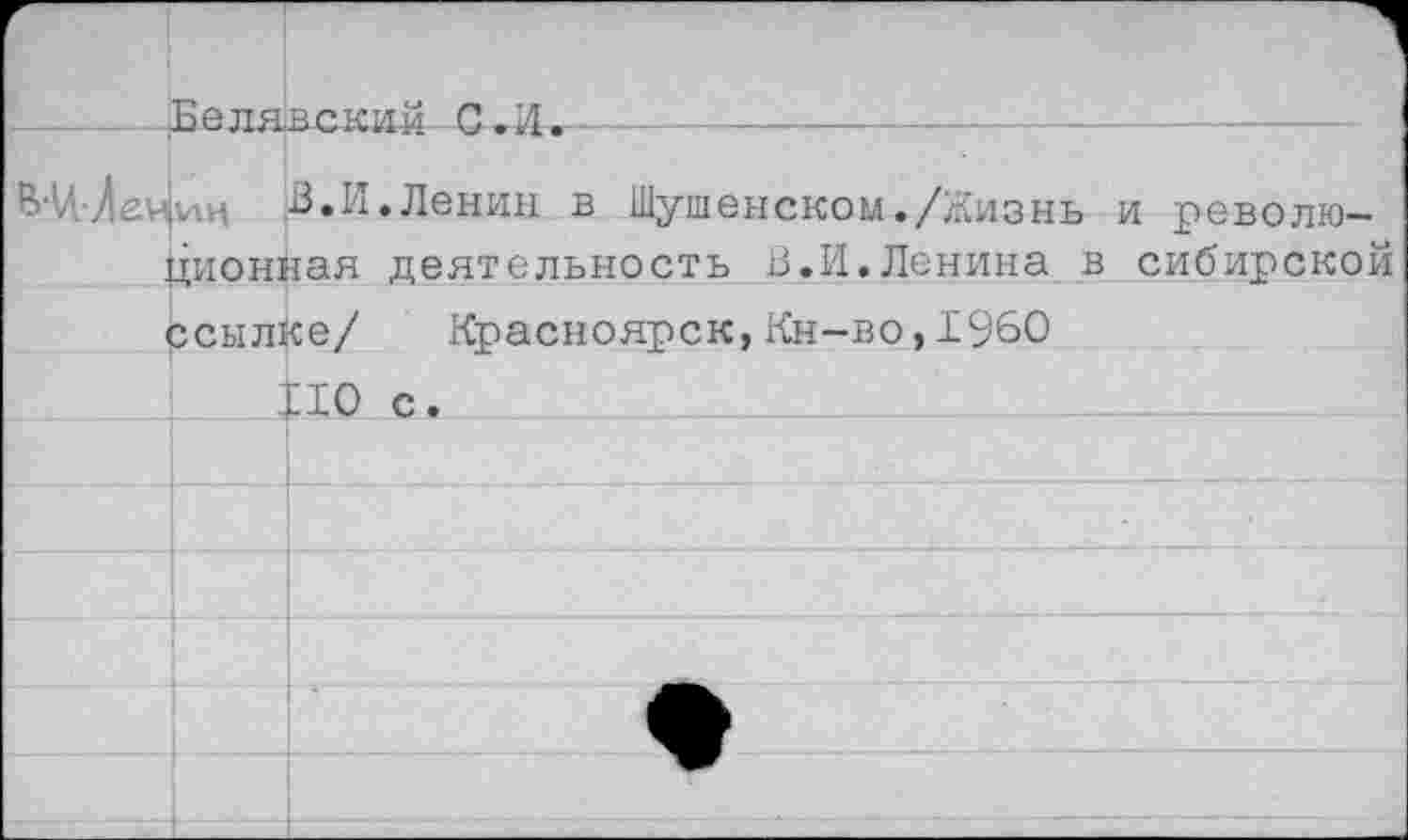 ﻿Белявский С. И.--------------------------
идц 3.II. Ленин в Шушенском./Жизнь и революционная деятельность 3.И.Ленина в сибирской ссылке/ Красноярск,Кн-во,1960
110 с.